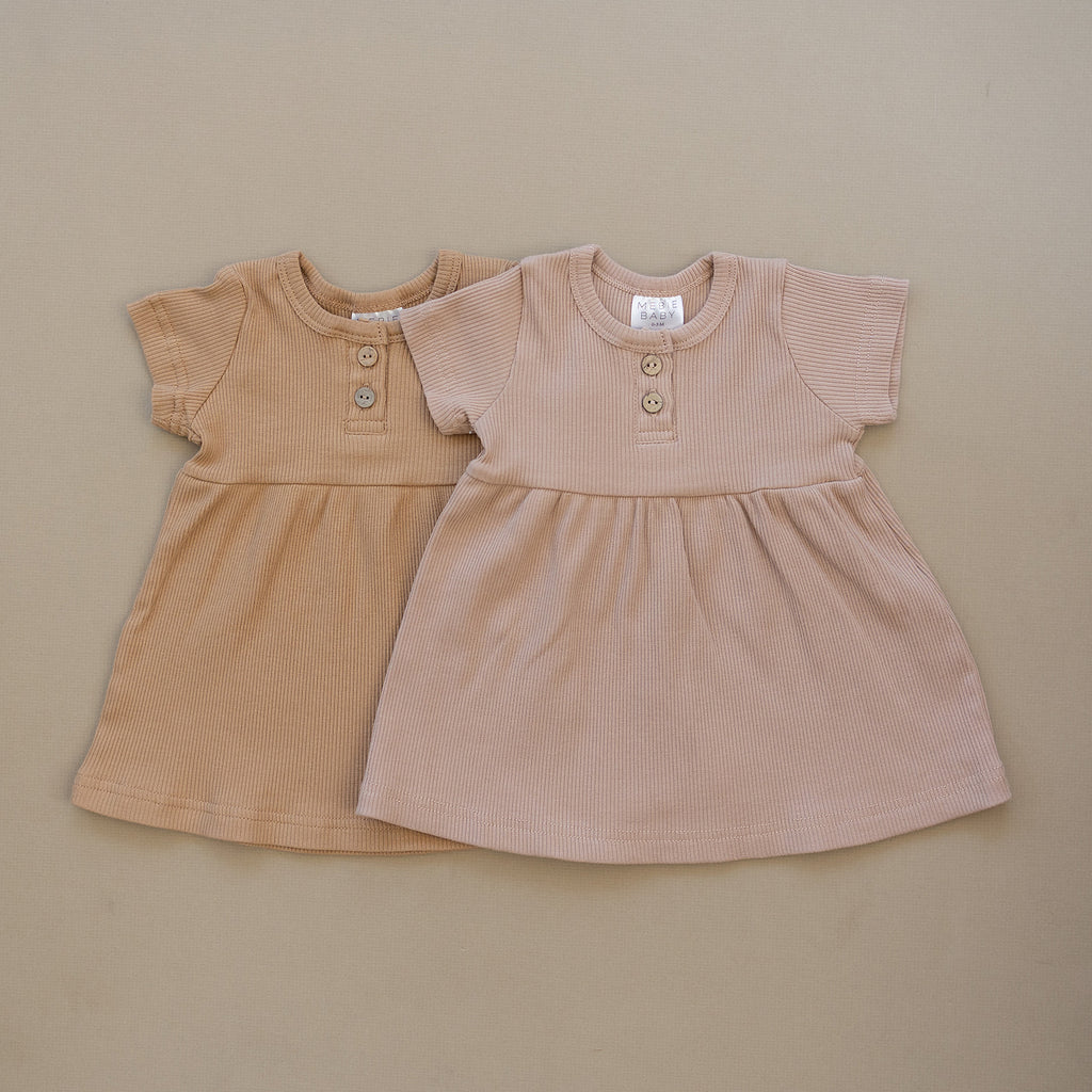 Pale Pink Short Sleeve Button Ribbed Organic Cotton Dress