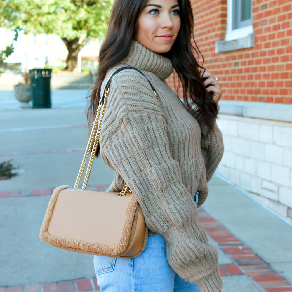 Sherpa Trim Purse - Tan