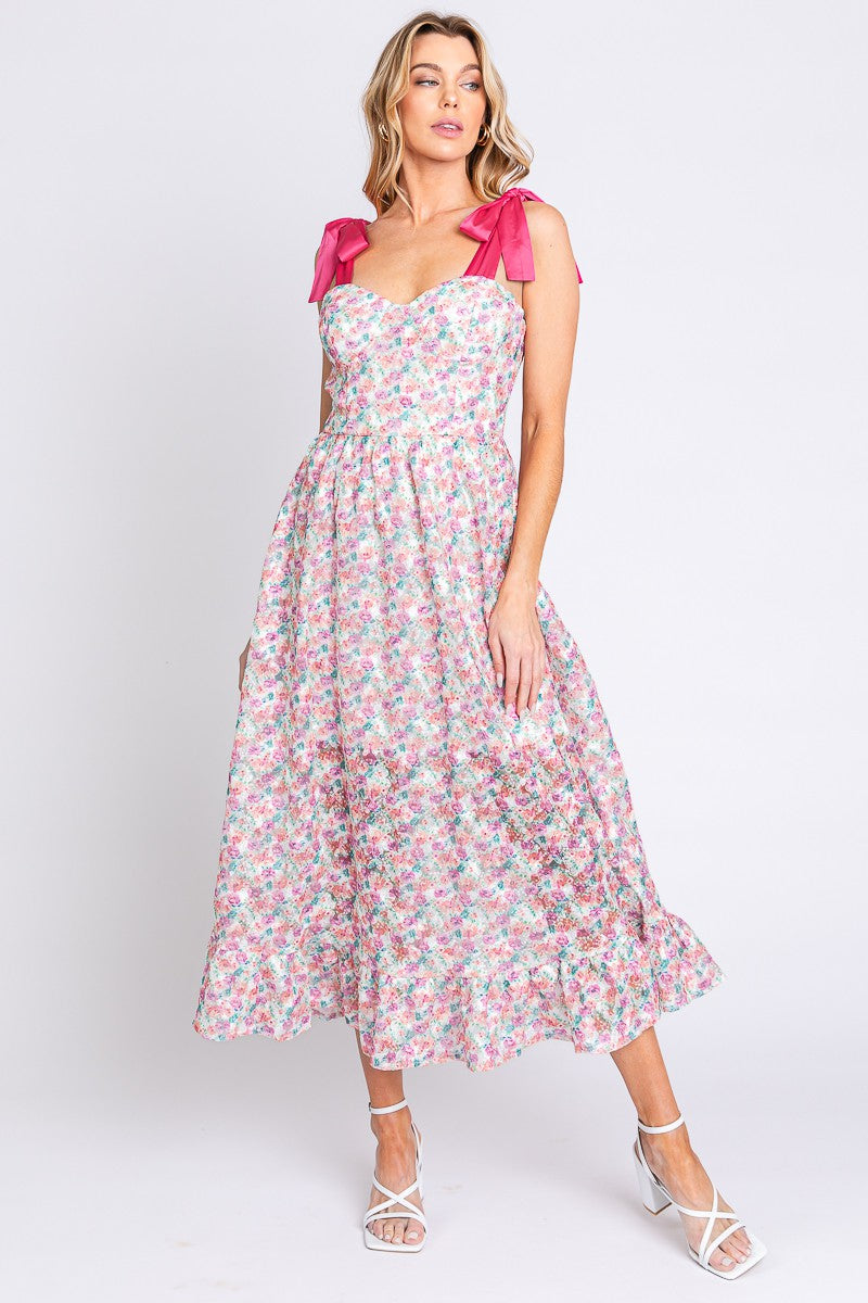 Load image into Gallery viewer, Satin Ribbon Floral Print Dress
