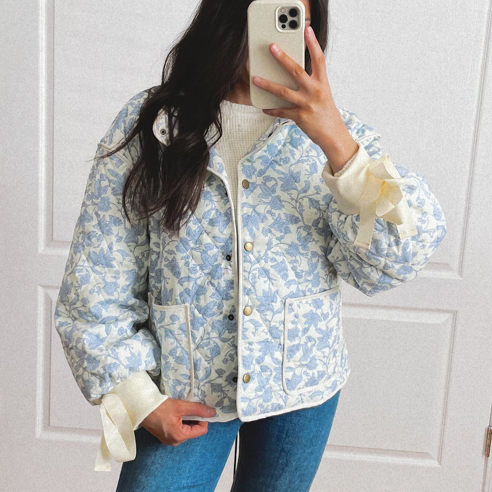 Floral Quilted Jacket - Ivory/Blue