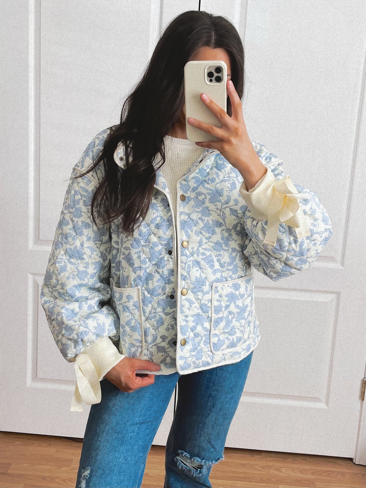 Floral Quilted Jacket - Ivory/Blue