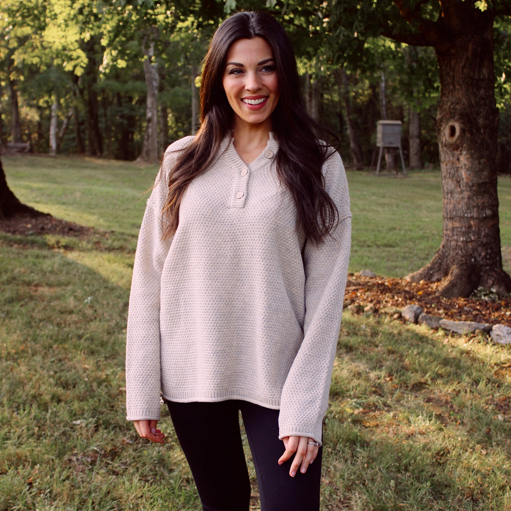 
                      
                        Henley Button Up Sweater - Beige
                      
                    