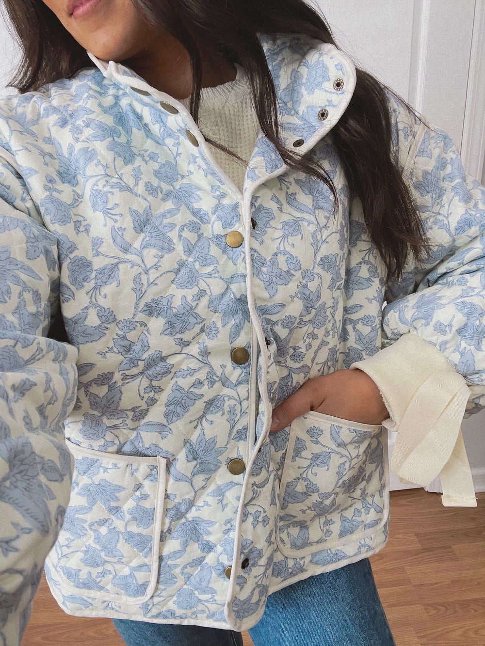 Floral Quilted Jacket - Ivory/Blue