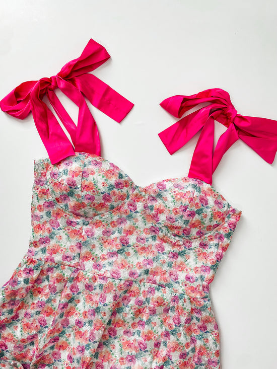 Satin Ribbon Floral Print Dress