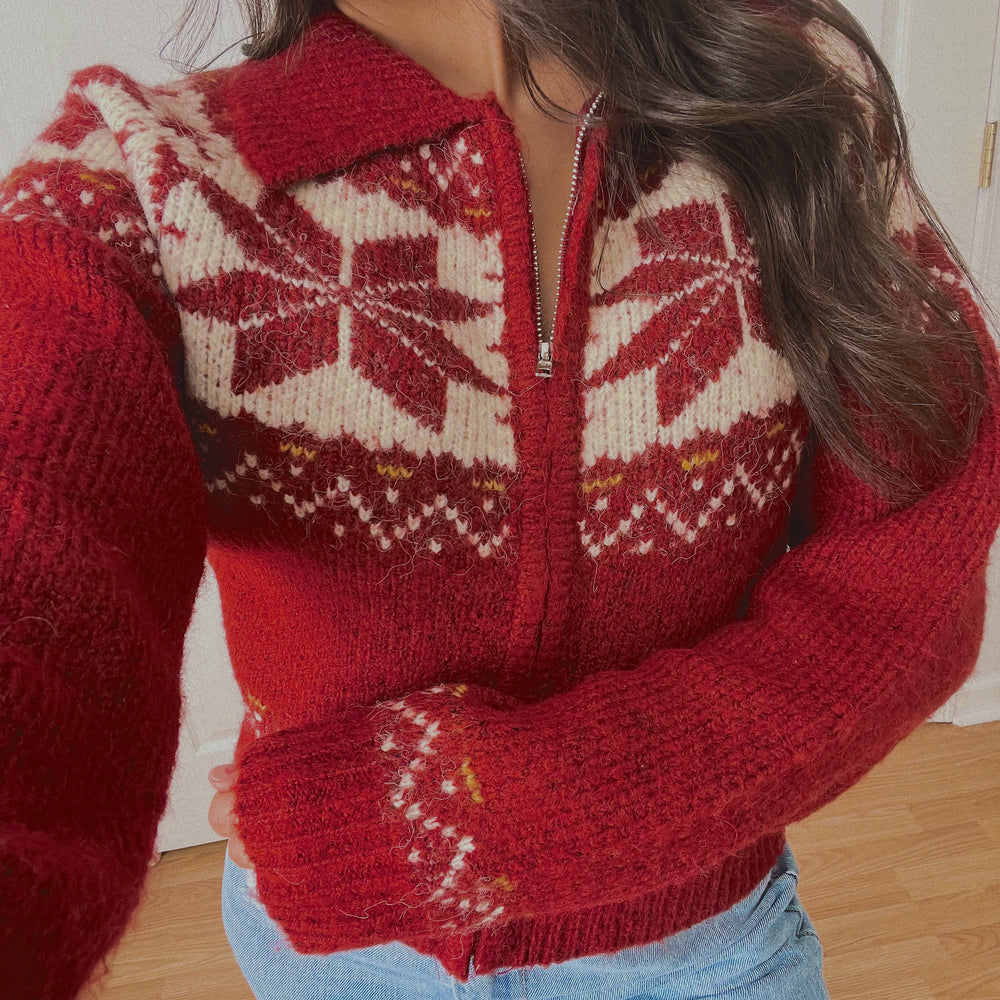 Burgundy Nordic Zip Up Sweater