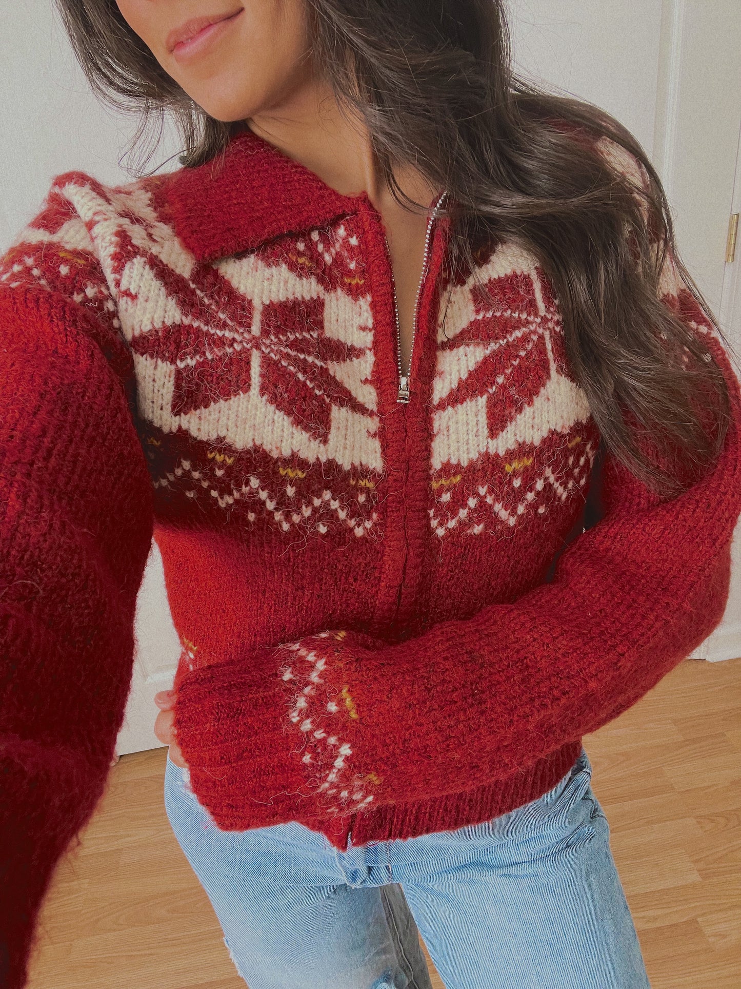 Burgundy Nordic Zip Up Sweater