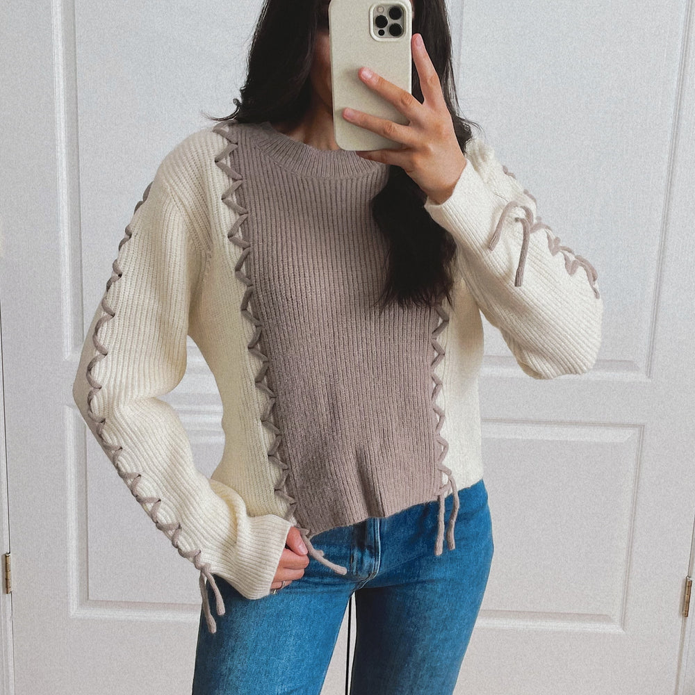 Lace Up Colorblock Sweater - Taupe