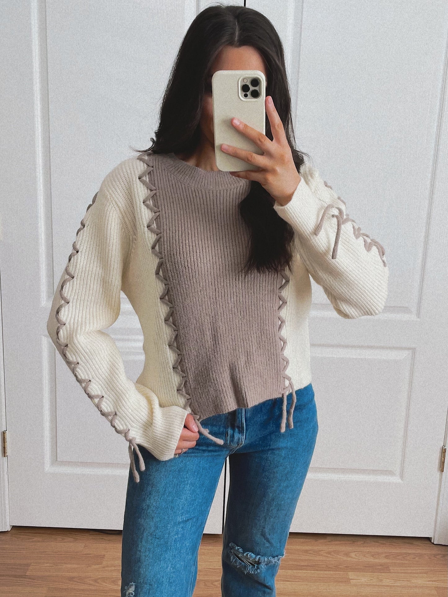 Lace Up Colorblock Sweater - Taupe