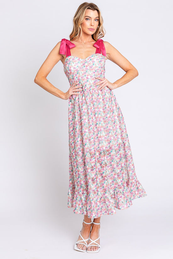 Load image into Gallery viewer, Satin Ribbon Floral Print Dress
