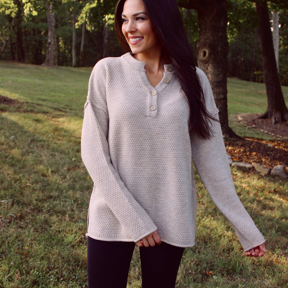 Henley Button Up Sweater - Beige