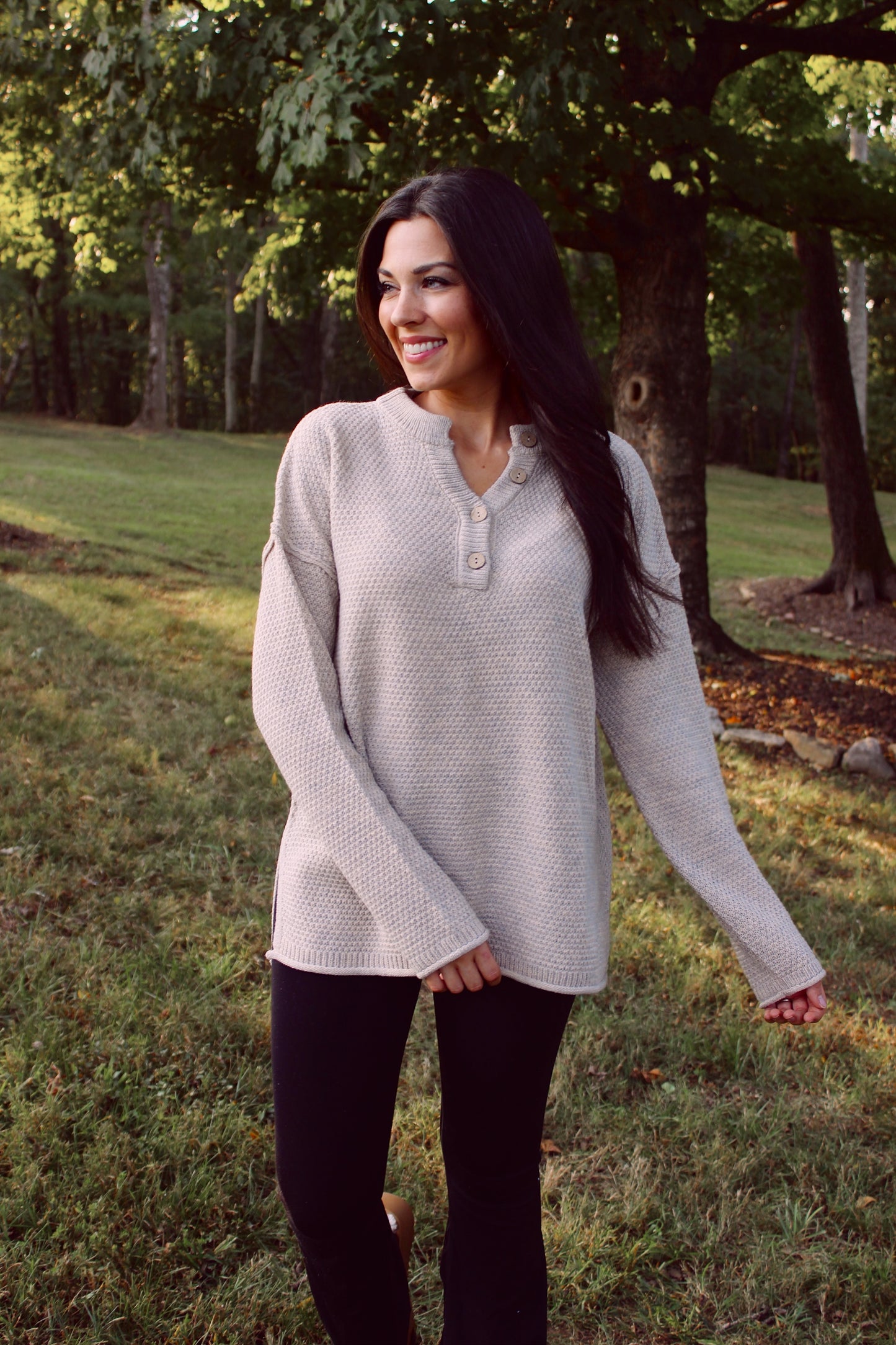 Henley Button Up Sweater - Beige