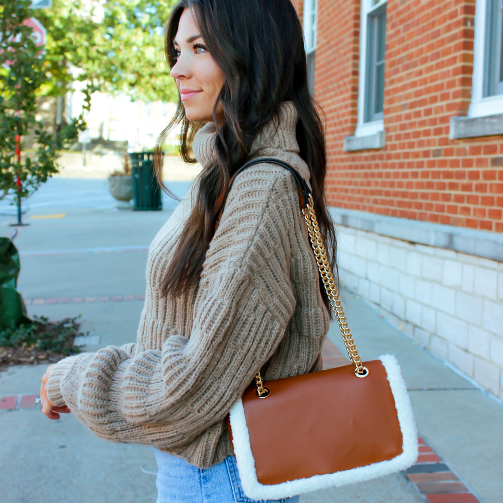 Sherpa Trim Purse - Brown