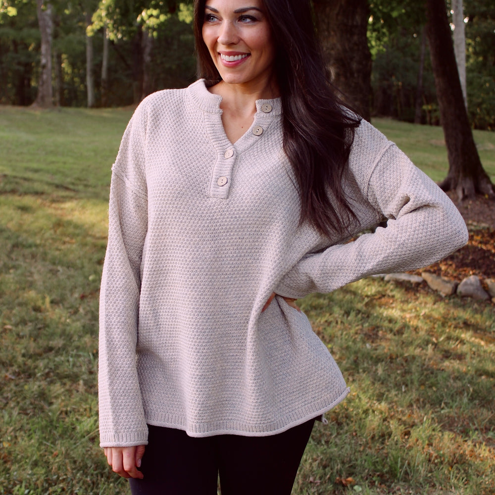 Henley Button Up Sweater - Beige