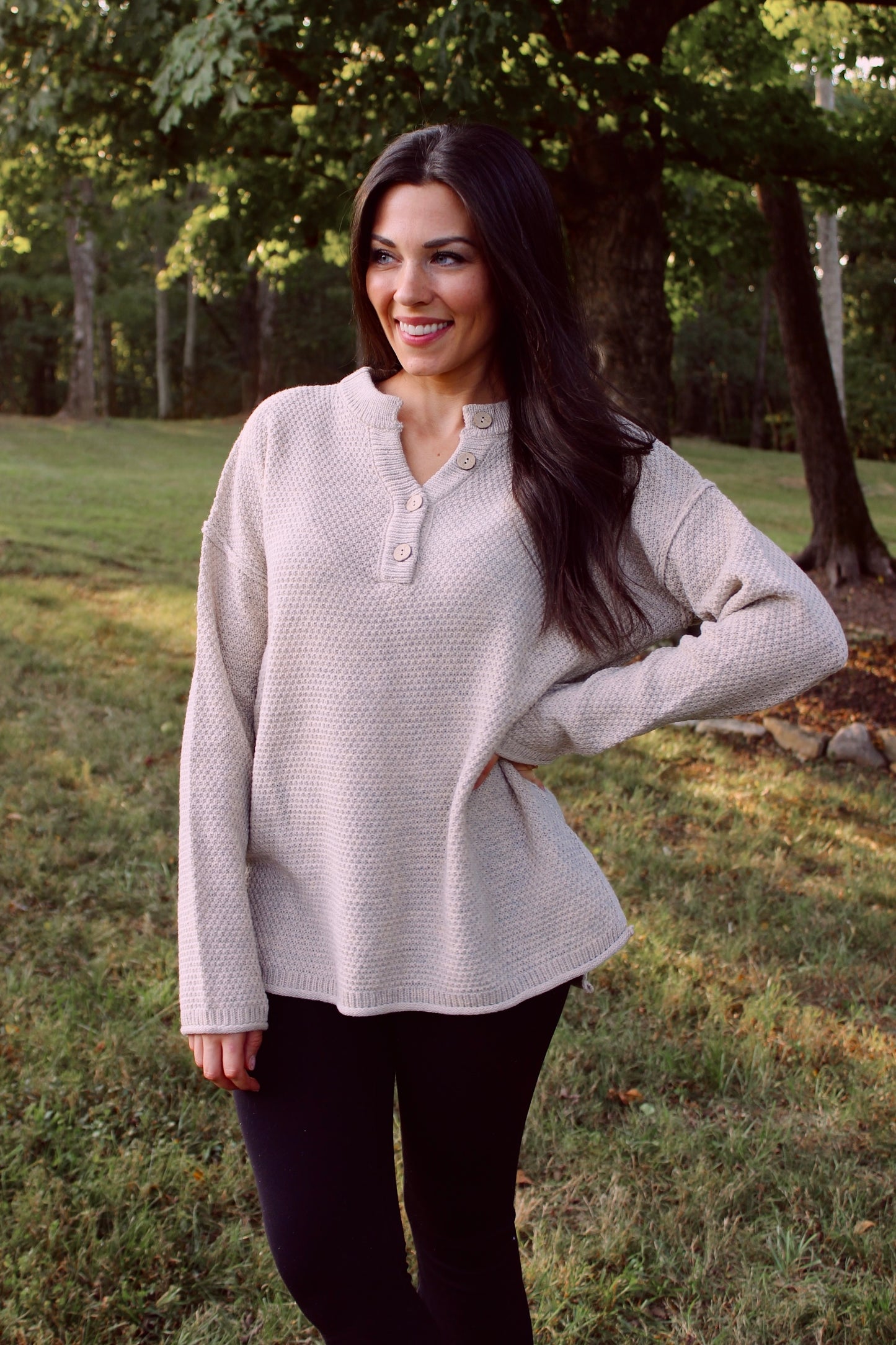 Henley Button Up Sweater - Beige