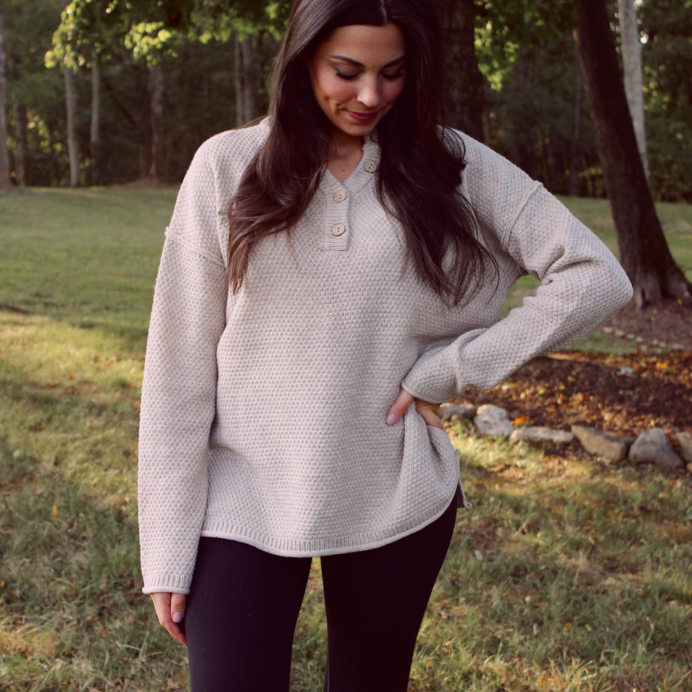 
                      
                        Henley Button Up Sweater - Beige
                      
                    