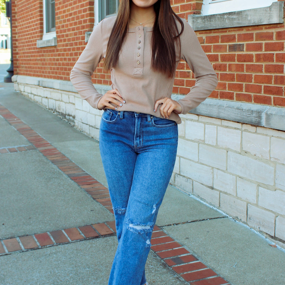 Ribbed Button Down Top - Mocha