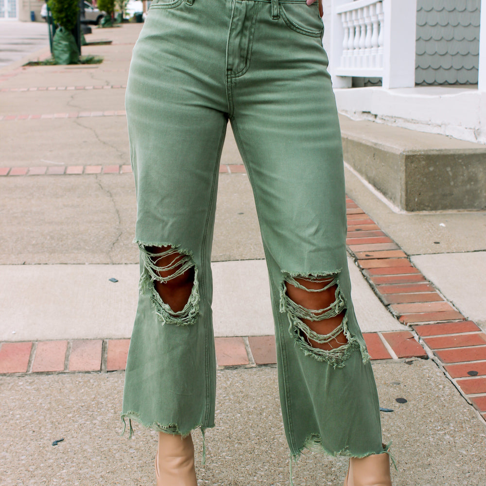 Destroyed Cropped Jeans - Army Green