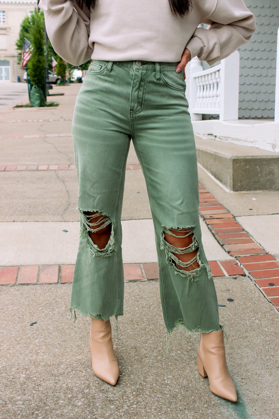 Destroyed Cropped Jeans - Army Green