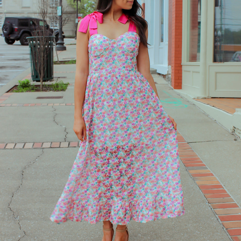 Satin Ribbon Floral Print Dress (FINAL SALE)