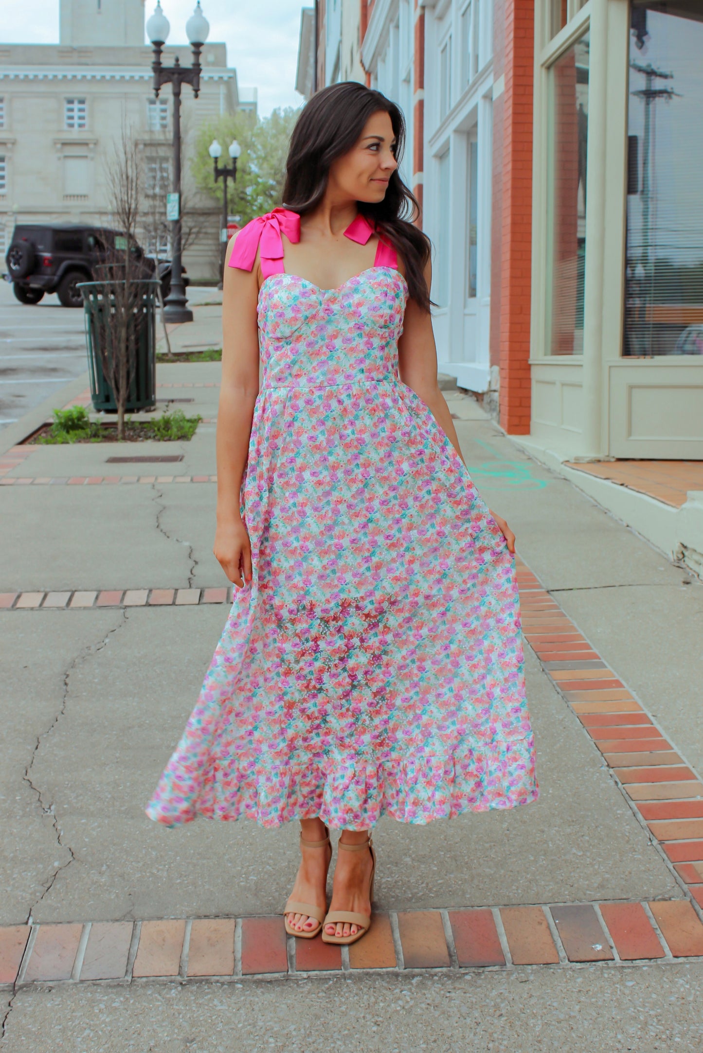 Satin Ribbon Floral Print Dress (FINAL SALE)