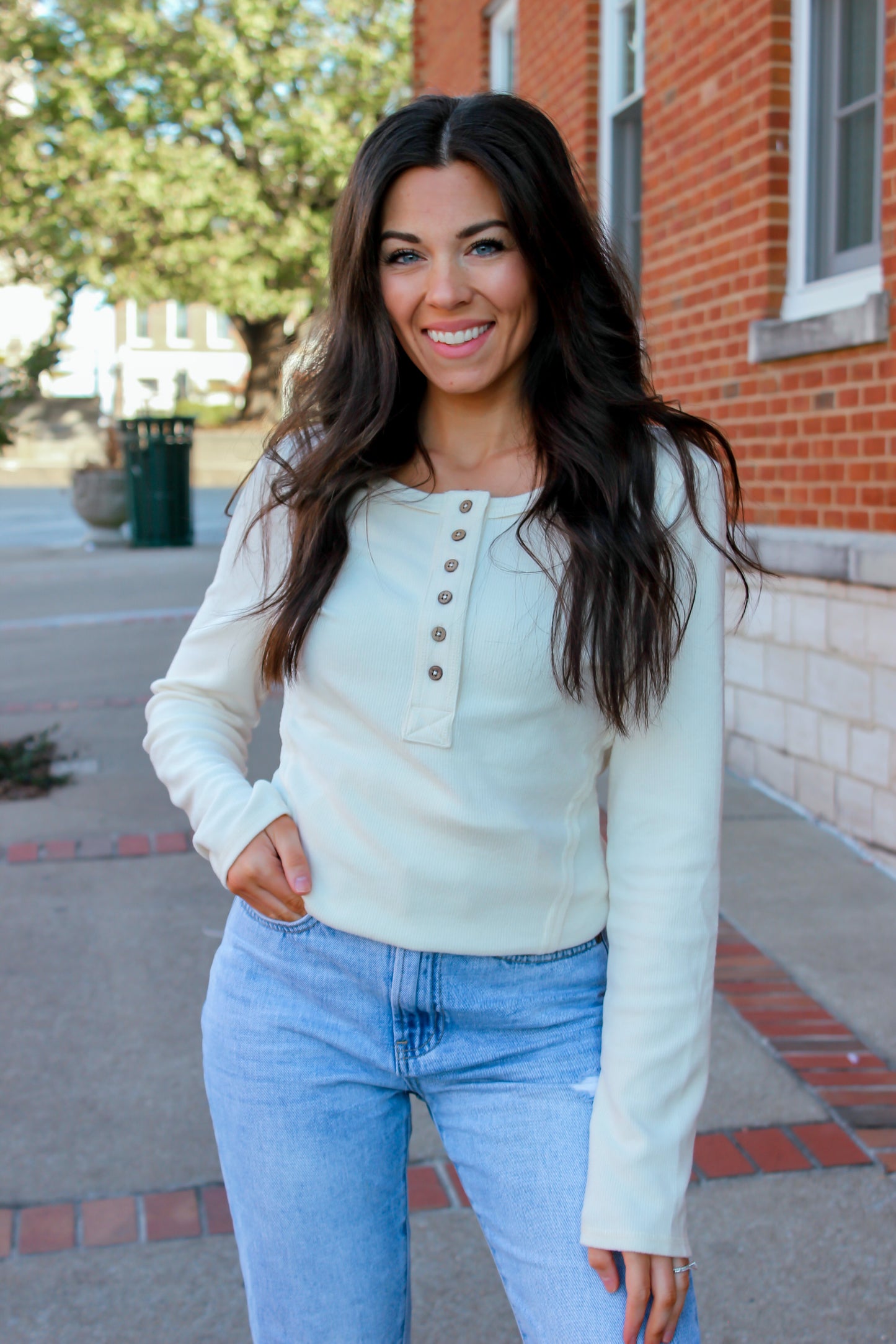 Ribbed Button Down Top - Cream