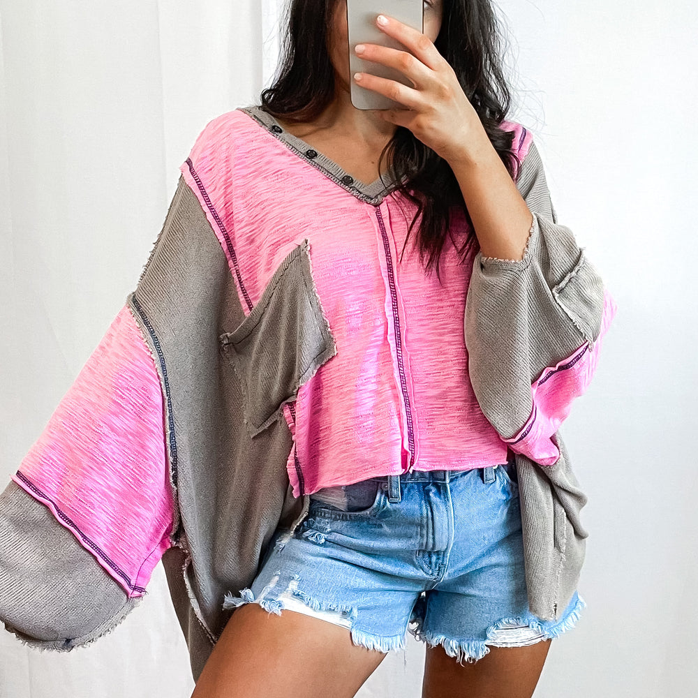 Sutton Pocket Top- Pink/Grey