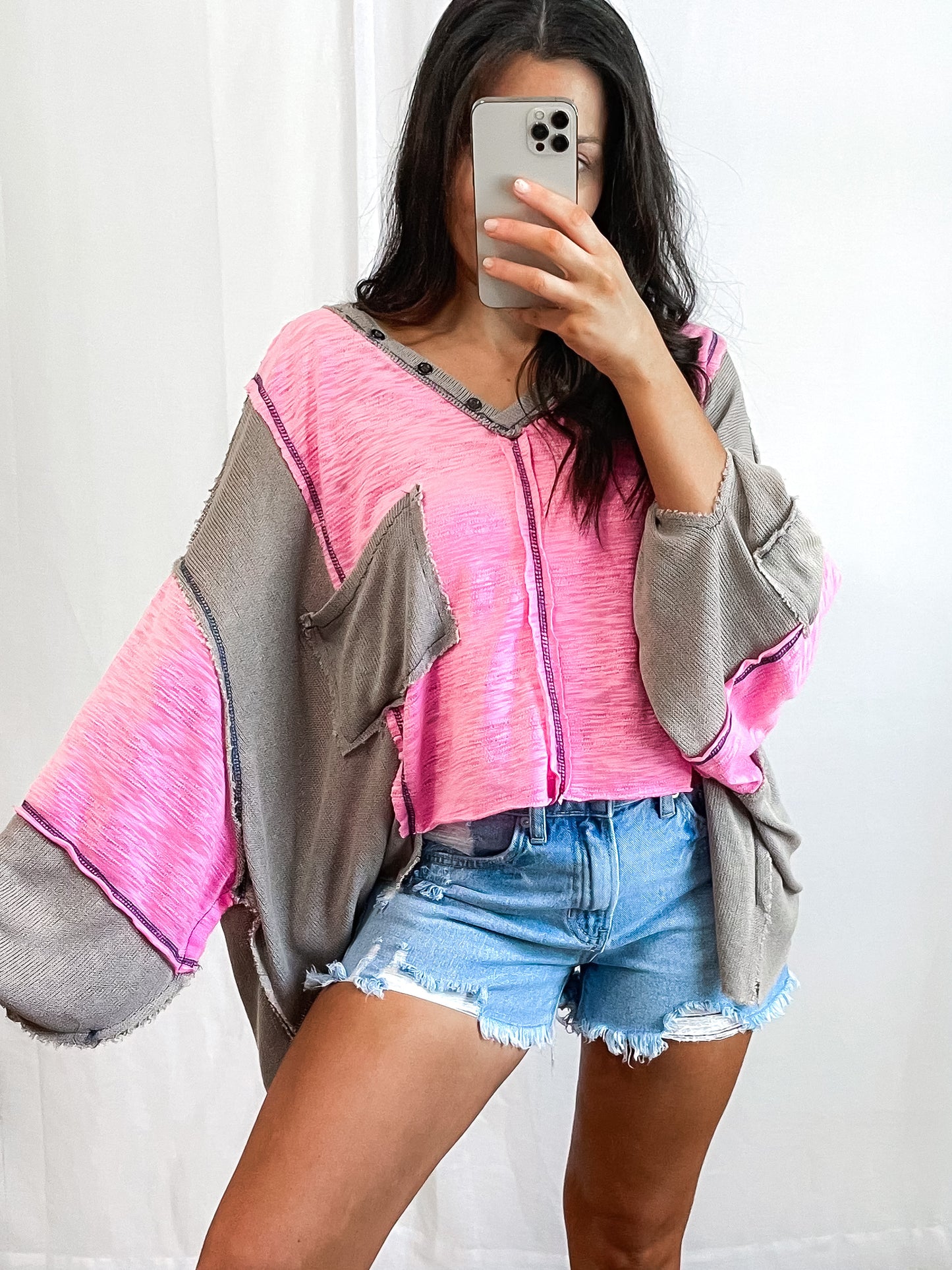 Sutton Pocket Top- Pink/Grey