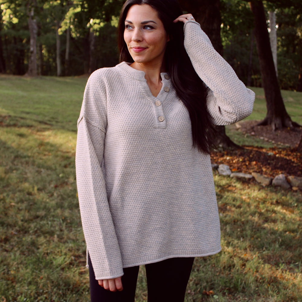 
                      
                        Henley Button Up Sweater - Beige
                      
                    