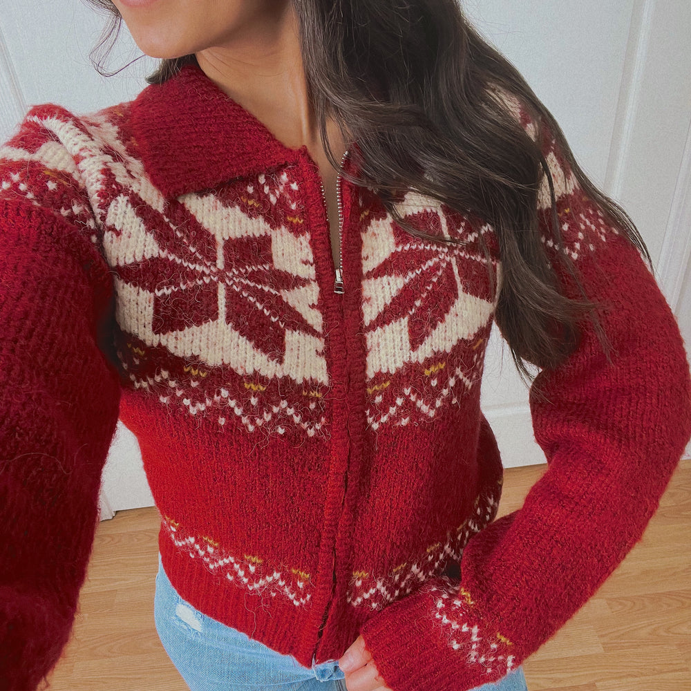 Burgundy Nordic Zip Up Sweater