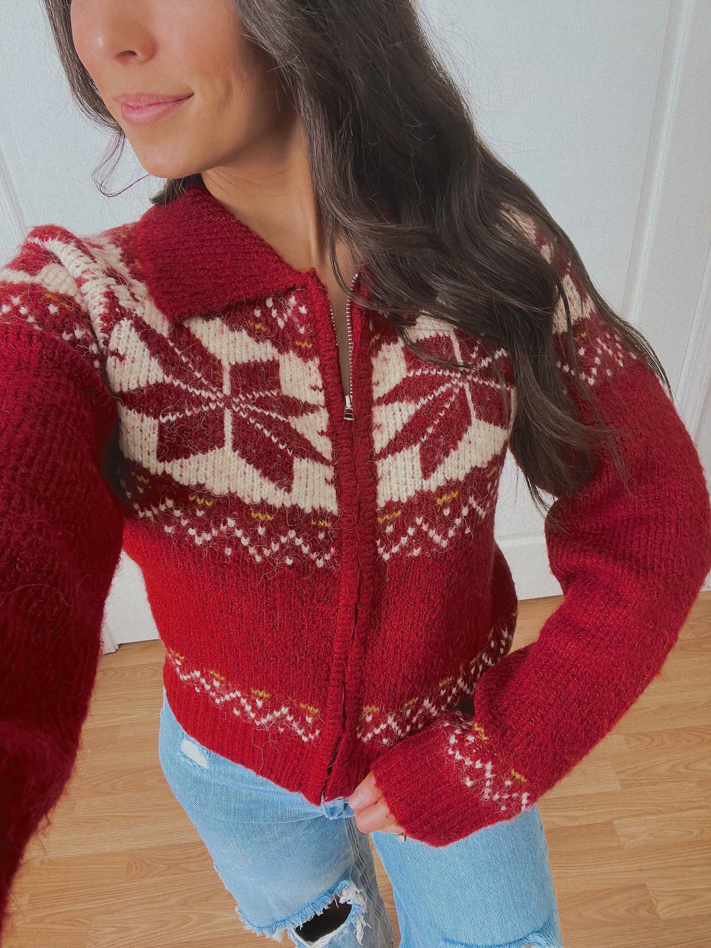 Burgundy Nordic Zip Up Sweater