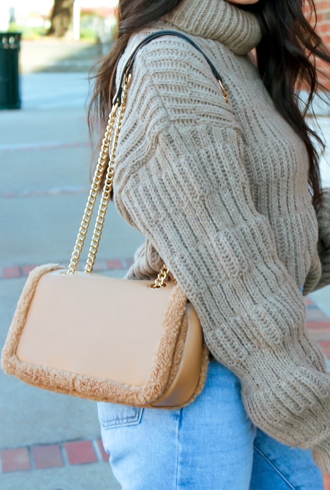 Sherpa Trim Purse - Tan