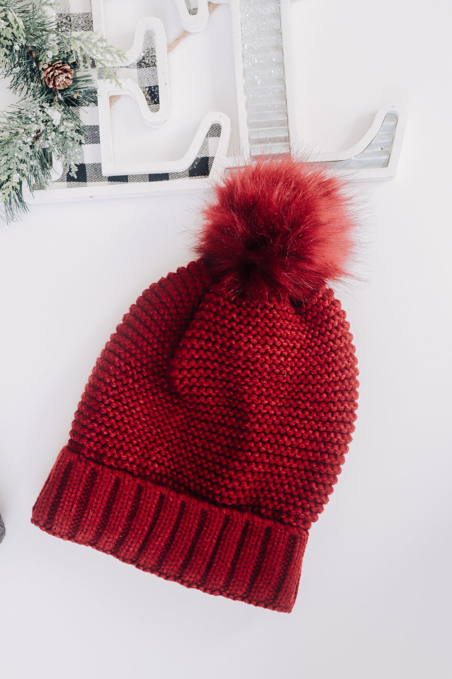 Pom Knit Beanie- Burgundy