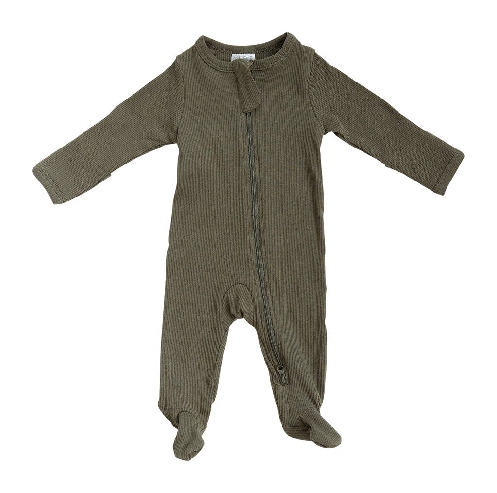 Winter Green Organic Cotton Ribbed Footed Zipper One-piece
