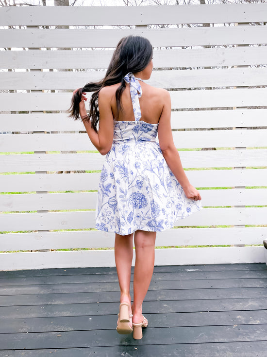 Boardwalk Halter Neck Dress- Blue/White