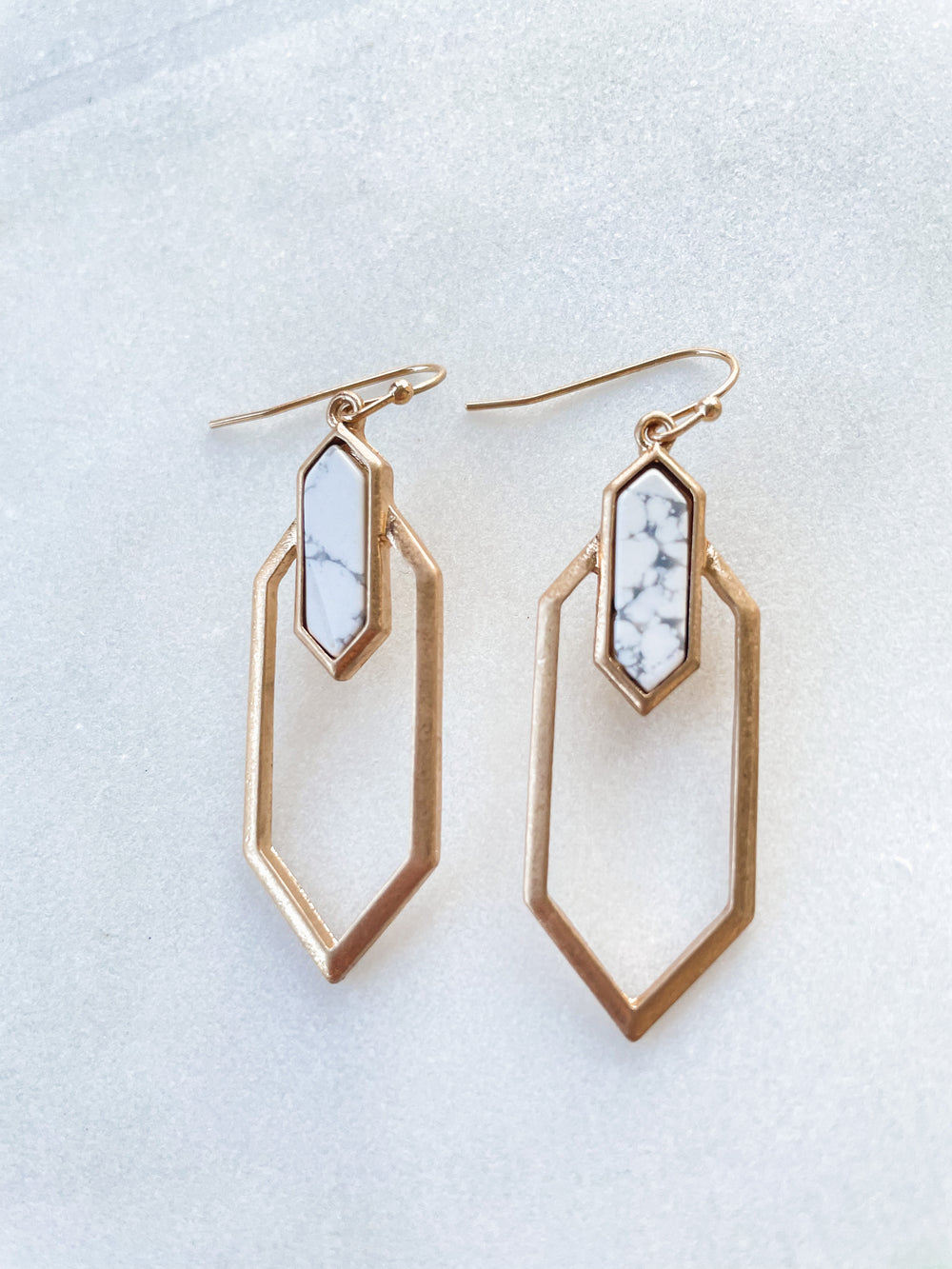 Hexagon Stone Drop Hoop Earrings - White