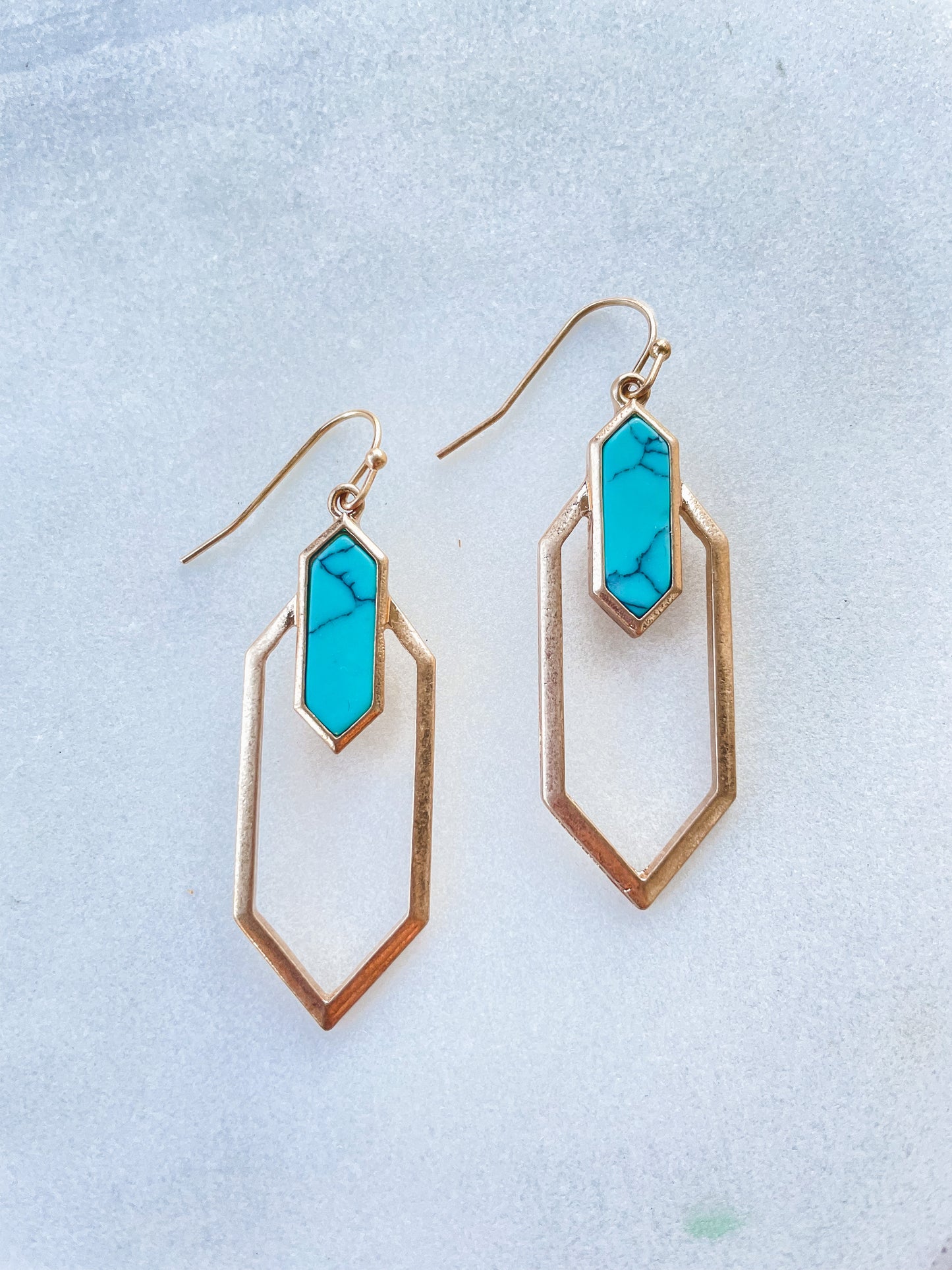 Hexagon Stone Drop Hoop Earrings - Turquoise